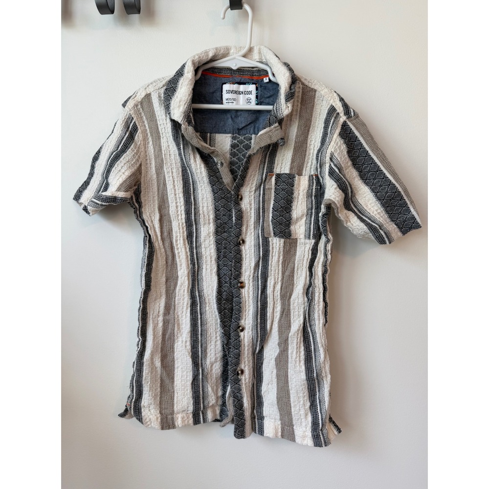 Sovereign Code Boys Striped Waffle Knit Shirt Grey Cream Size M 10/12